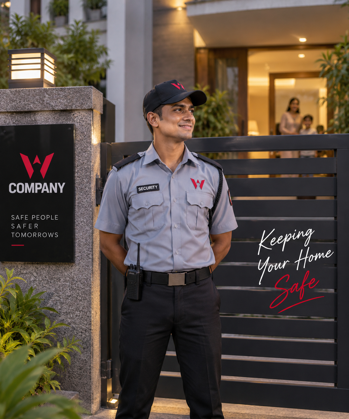 W Company security guard on duty at a residential gate