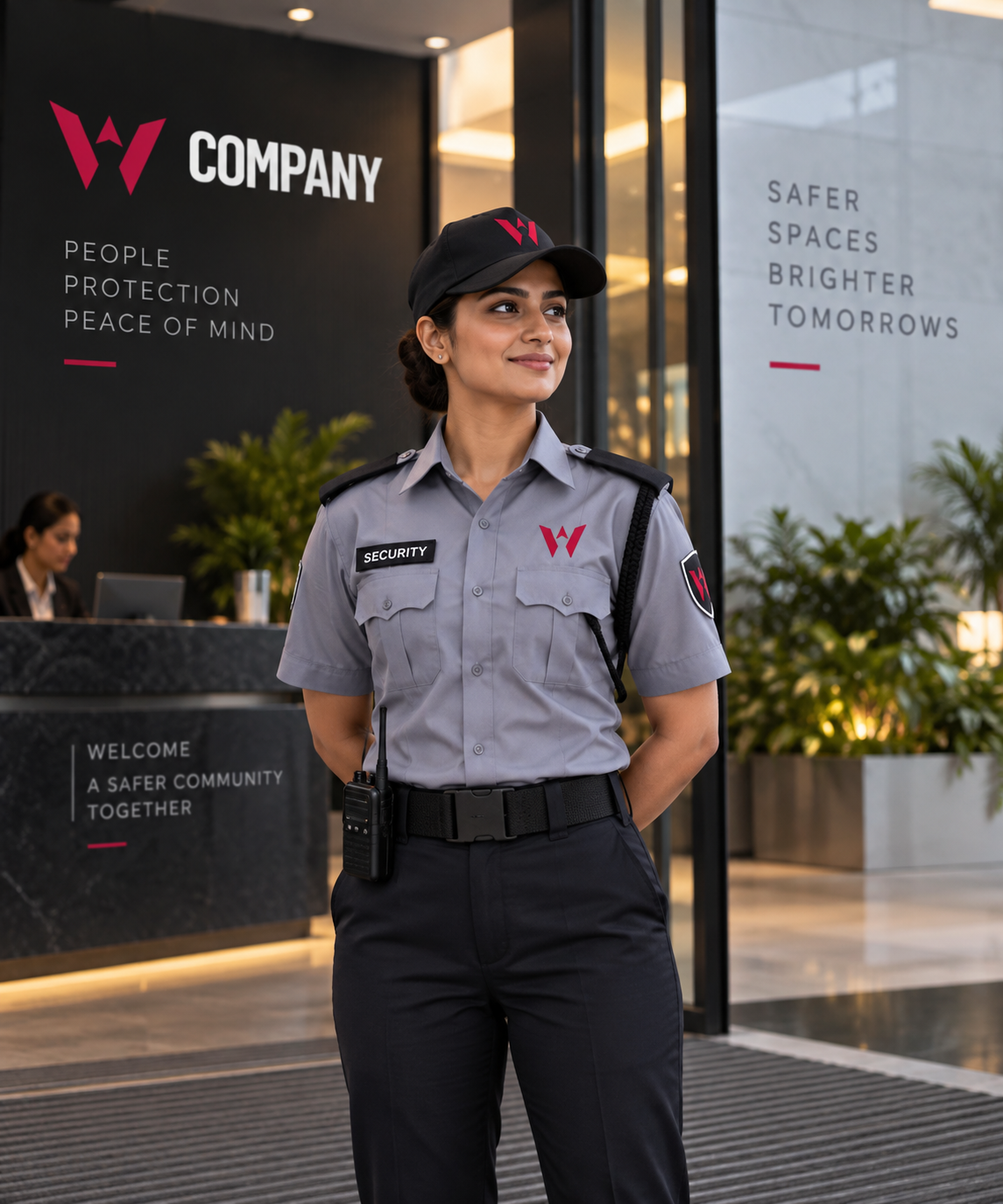 W Company female security guard at a corporate lobby